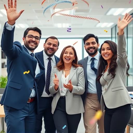 Un team aziendale che festeggia un successo lavorativo